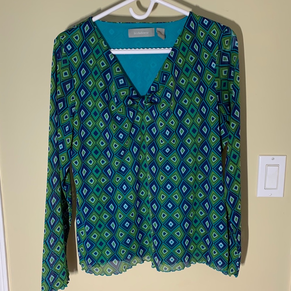 Liz Claiborne Teal, Blue & Green Geometric Tie-Neck Blouse